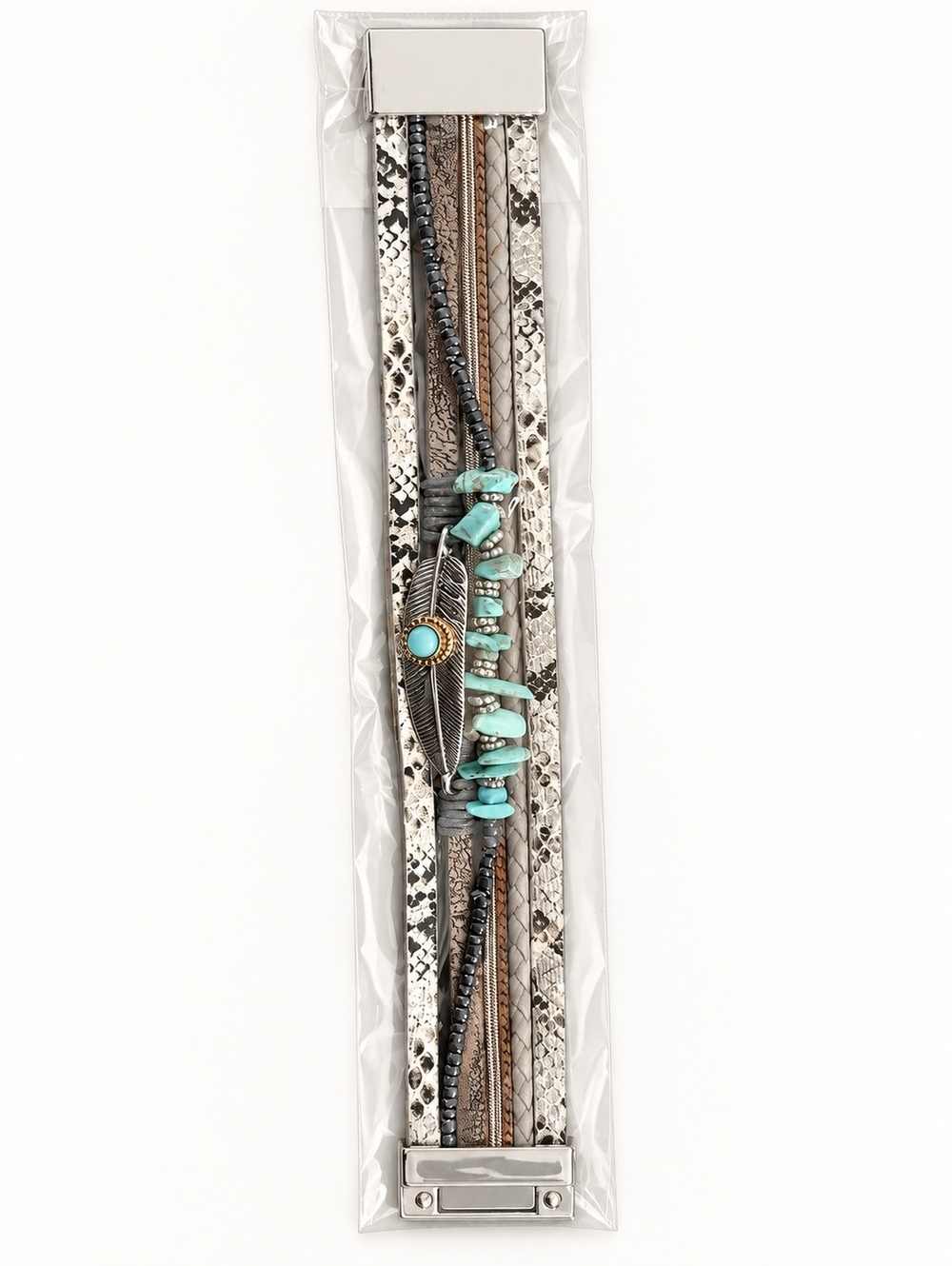 Gray Snakeskin-Print Feather Bracelet Turquoise-Color Beads New